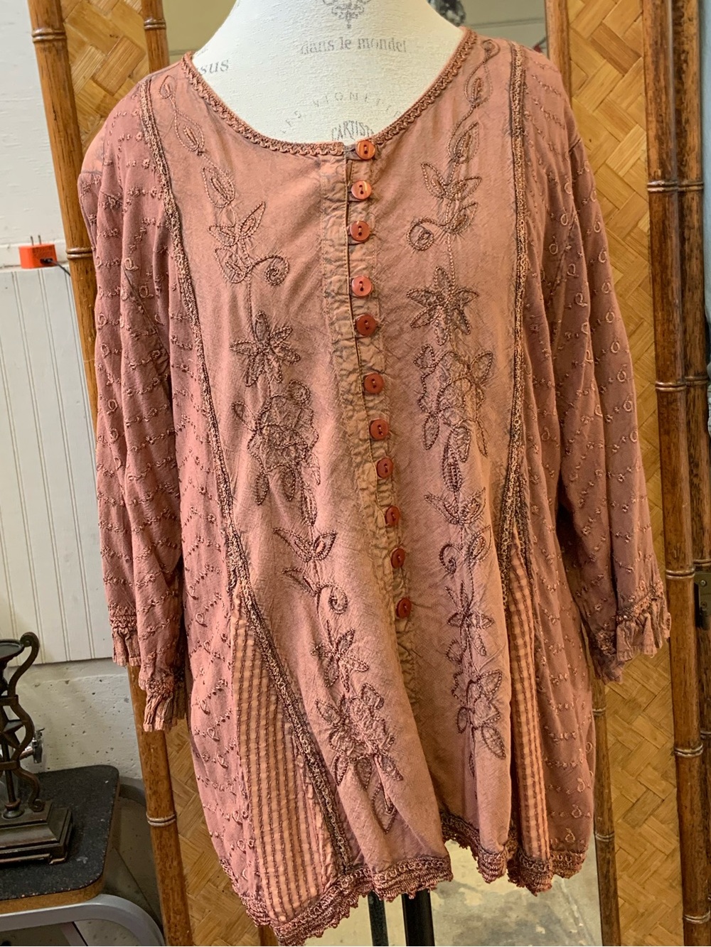 Scully Dusty Rose Embroidered Button-Front Tunic